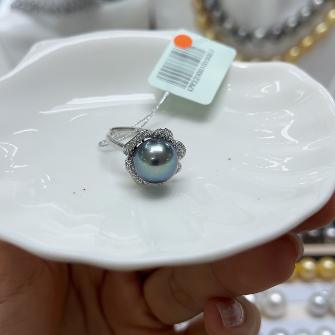 银S925镶嵌海水珍珠戒指11.1mm炫彩大溪地