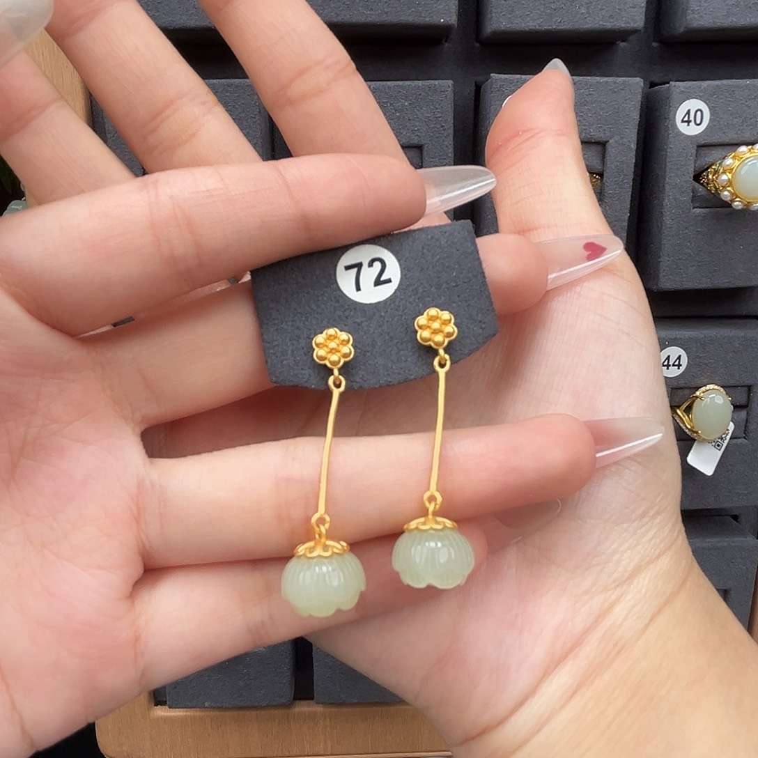 和田玉耳饰银S925镀金镶嵌