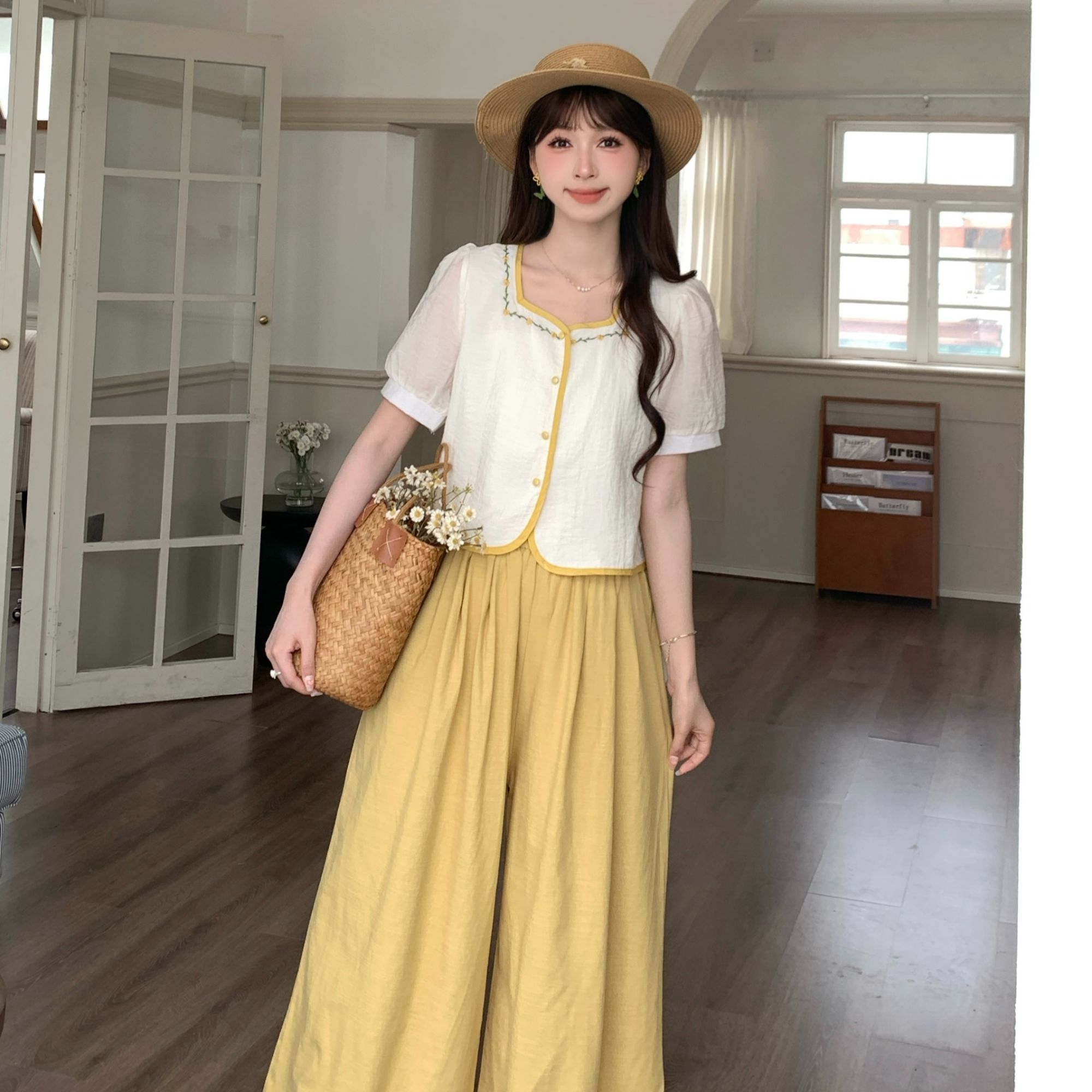 慕兔小清新方领花边纽扣衬衫女2025夏季新款百搭显瘦款短袖上衣潮