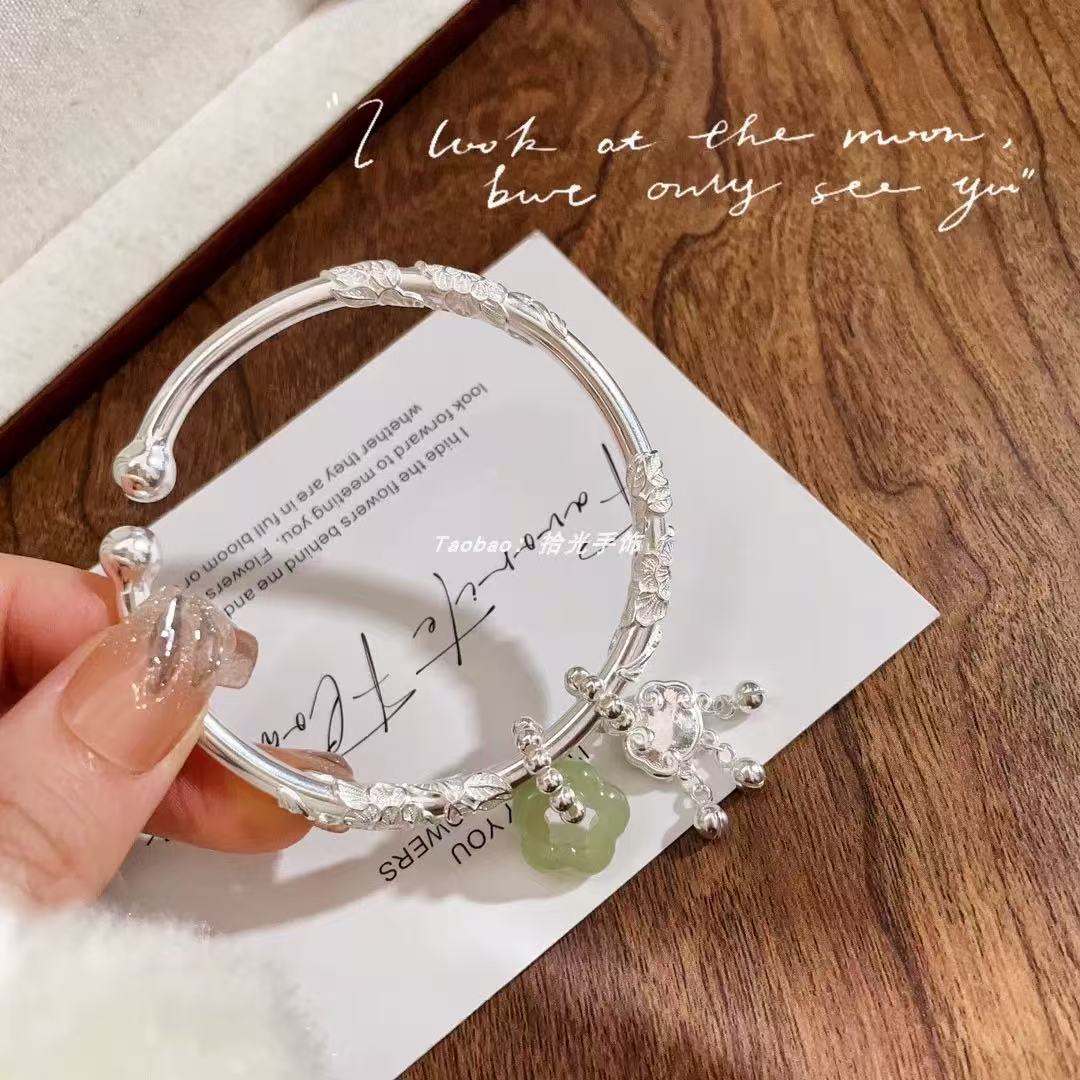 YZ041繁花似锦平安锁银色精品手镯无礼盒