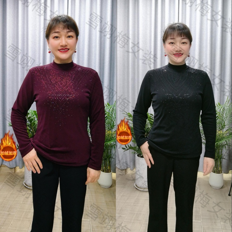 冬季加绒保暖亮钻打底衫洋气妈妈T恤2596