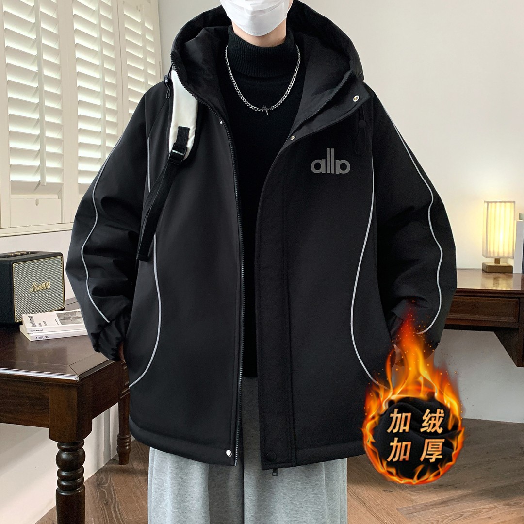 学生夹克加绒加厚保暖外套青少年新款连帽冲锋衣宽松棉衣男士棉服