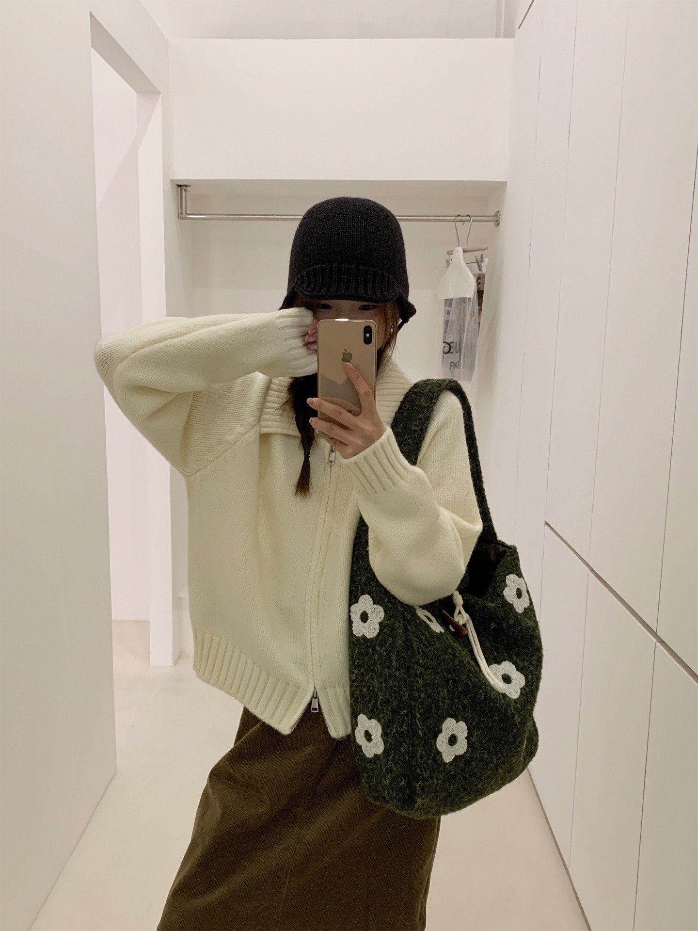 毛绒花朵刺绣单肩包秋冬甜美小众毛绒包文艺森系托特包韩版托特包