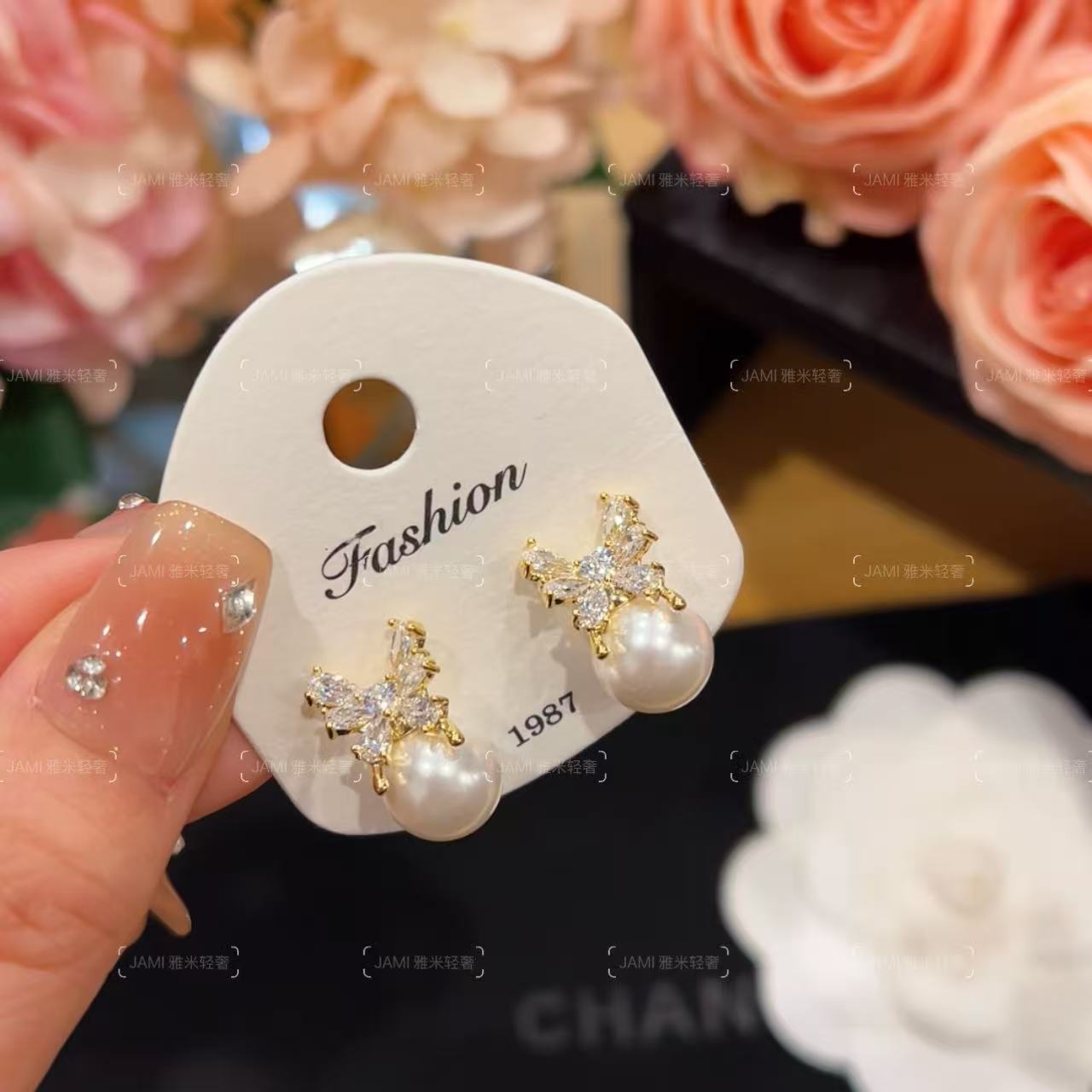 镀K金 Jami 小蝴蝶珠珠轻奢耳环气质优雅小巧百搭