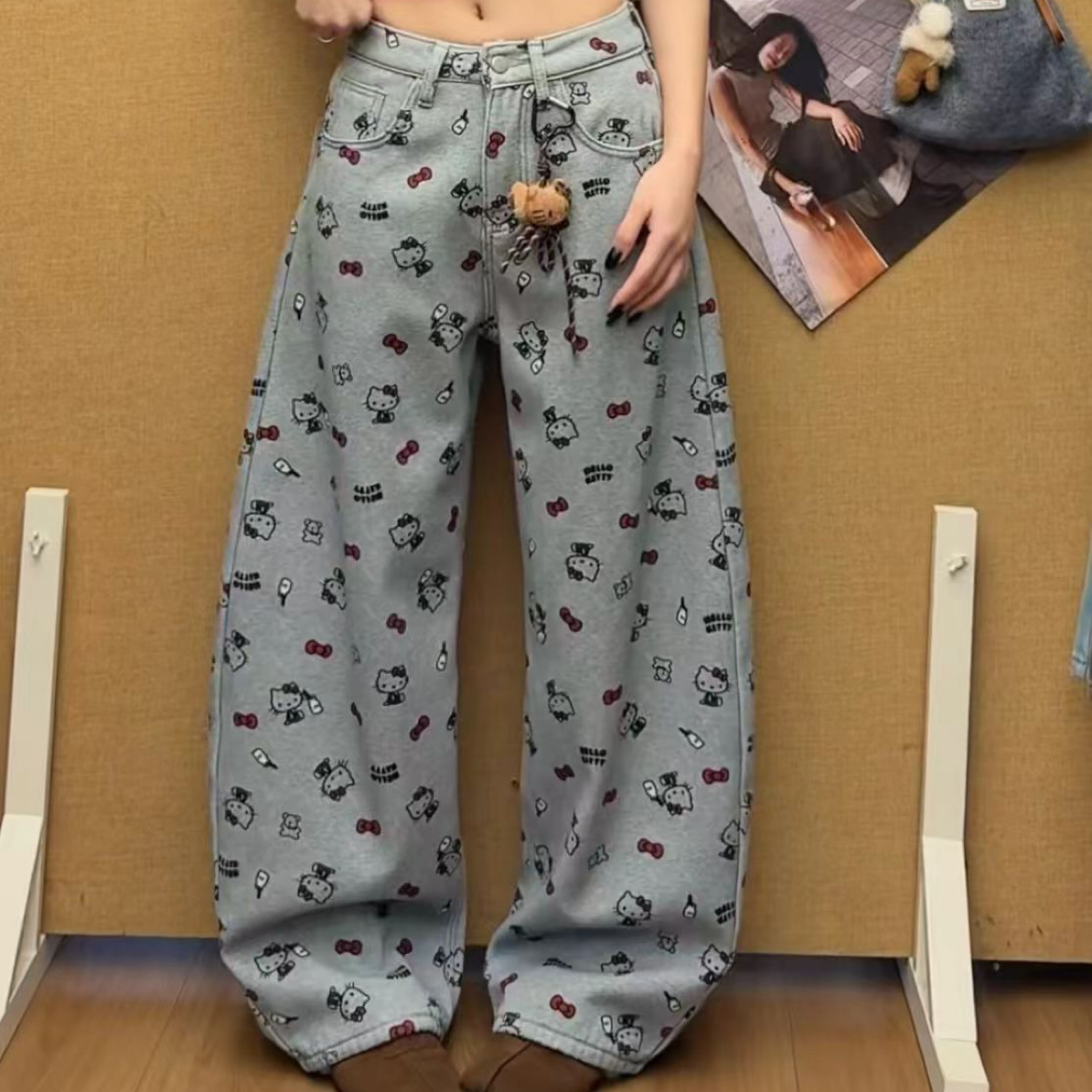 阿冉 欧货冬季加绒卡通猫咪印花阔腿弯刀牛仔裤显瘦百搭