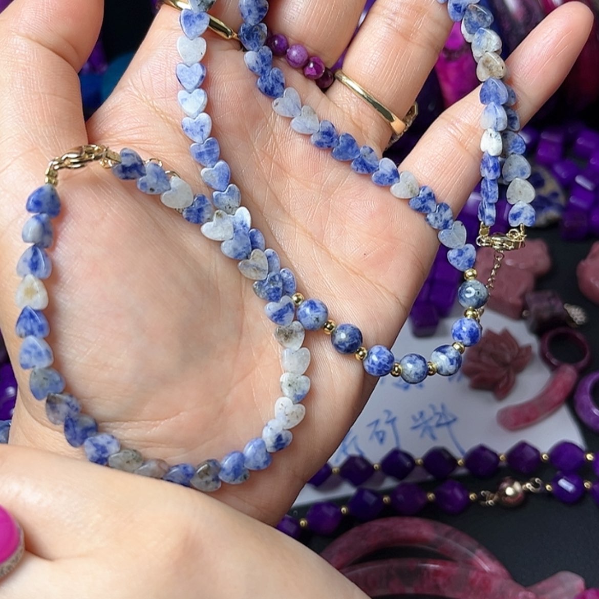 【闪购商品】琉璃DIY舒具石老油料冰蓝爱心一套项链手串卡6