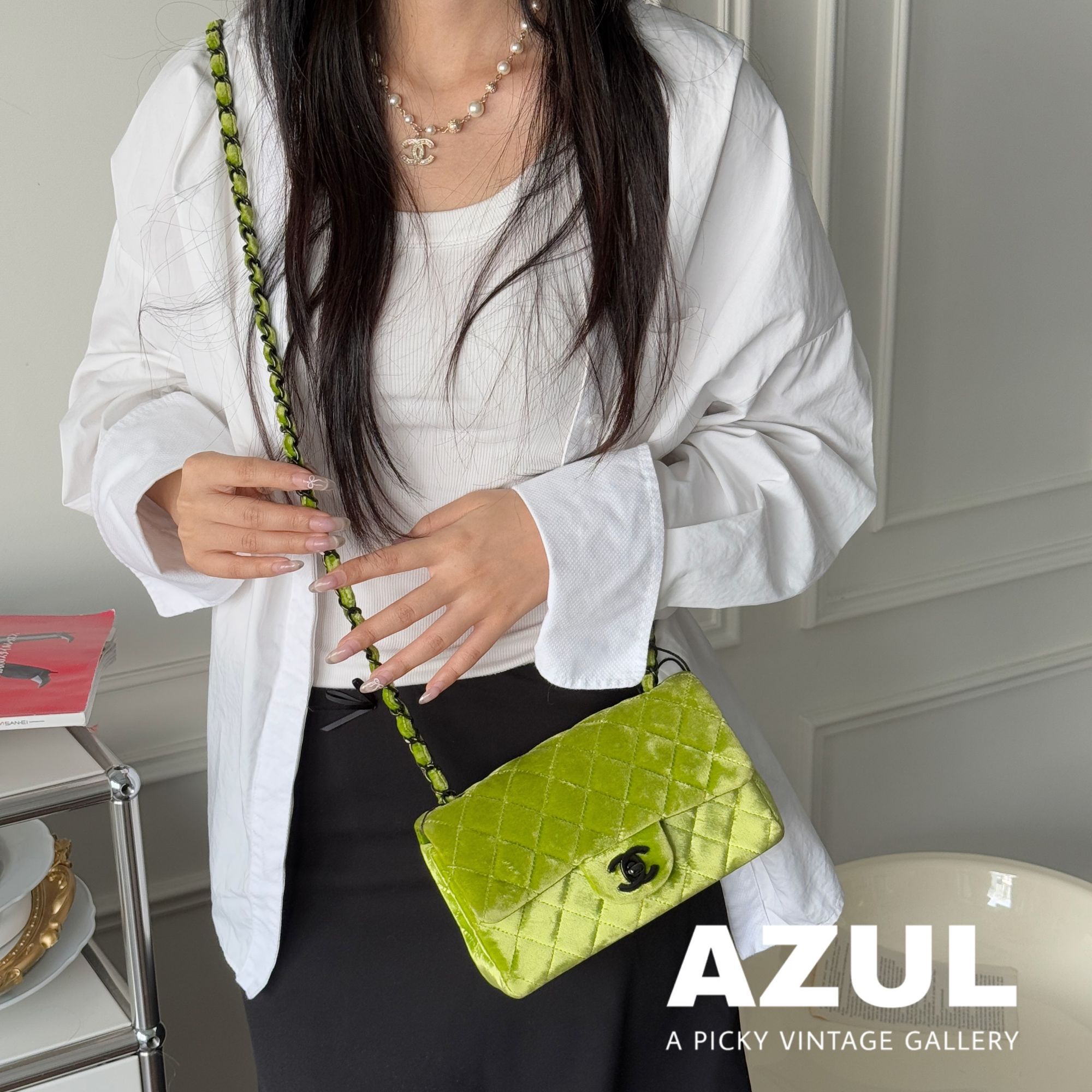 95新 Chanel/香奈儿 Azul-苹果绿丝绒CF大mini单肩包38505