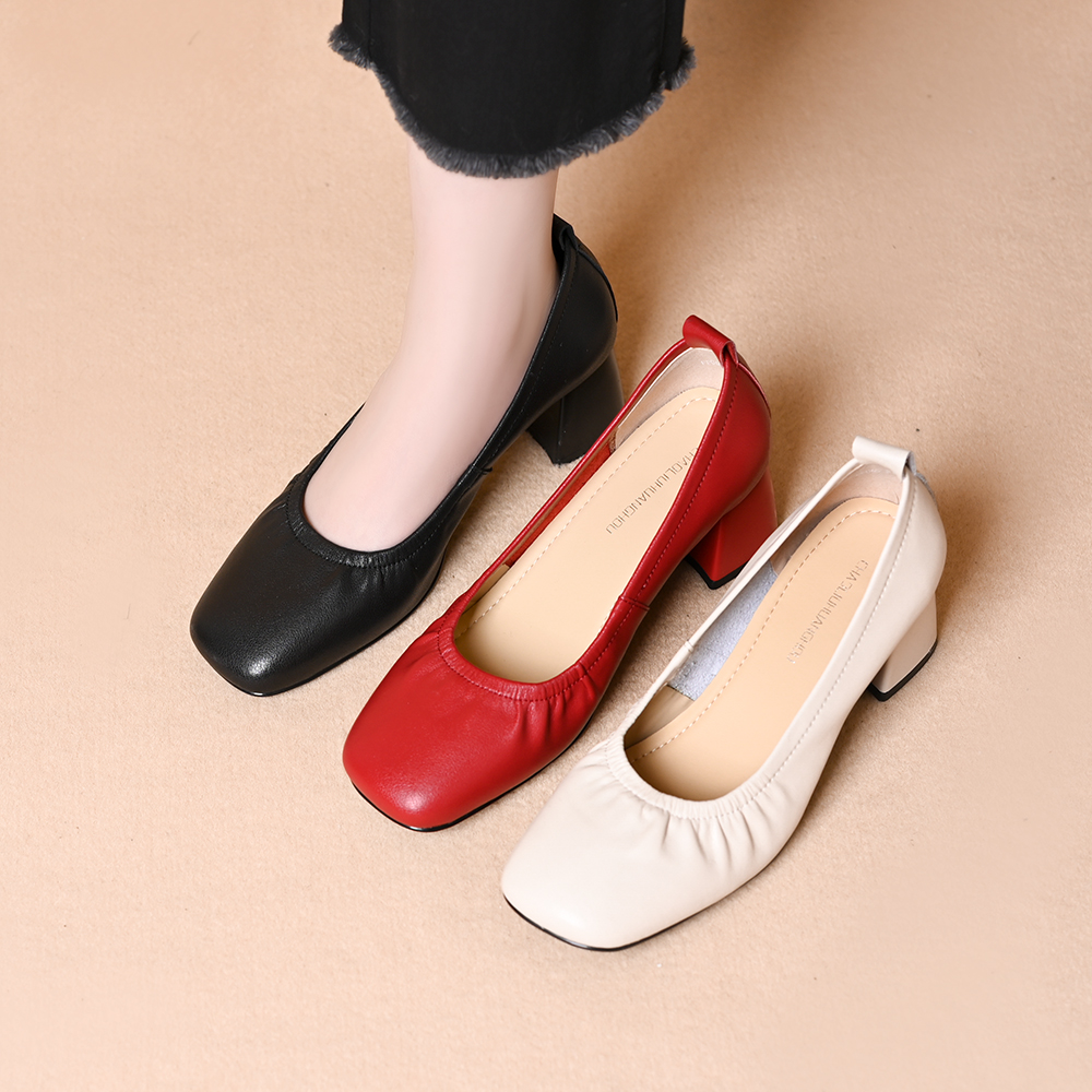 巨软舒适方头褶皱浅口粗跟中跟单鞋女春秋新款简约日常通勤工作鞋