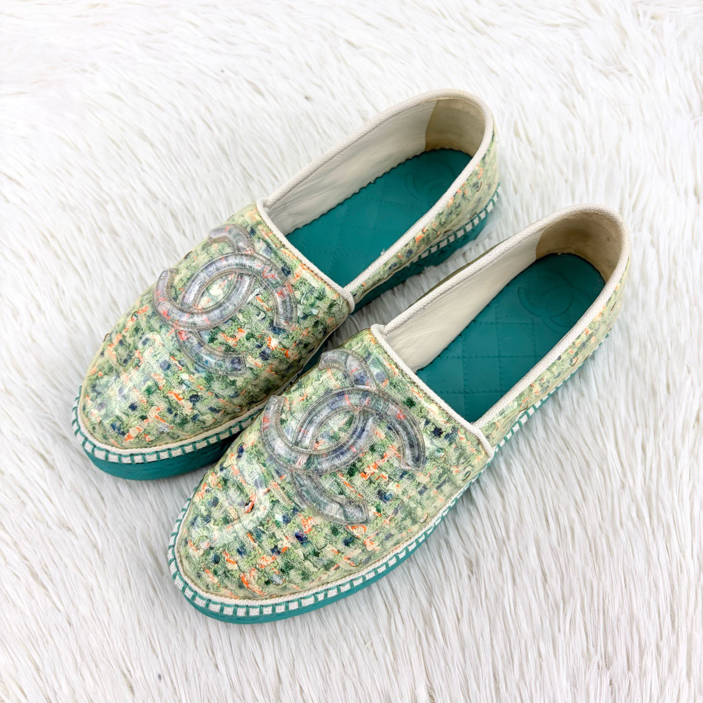 95新 Chanel/香奈儿 透明斜纹软呢厚底渔夫鞋37码 咩