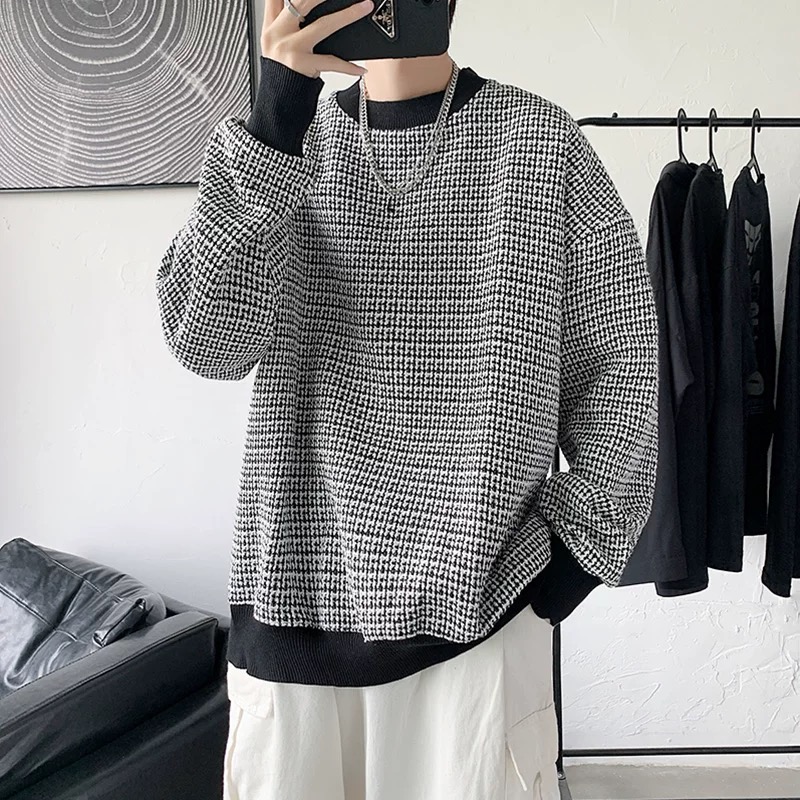 圆领卫衣男春秋季宽松休闲韩版潮流外套千鸟格百搭上衣服6231