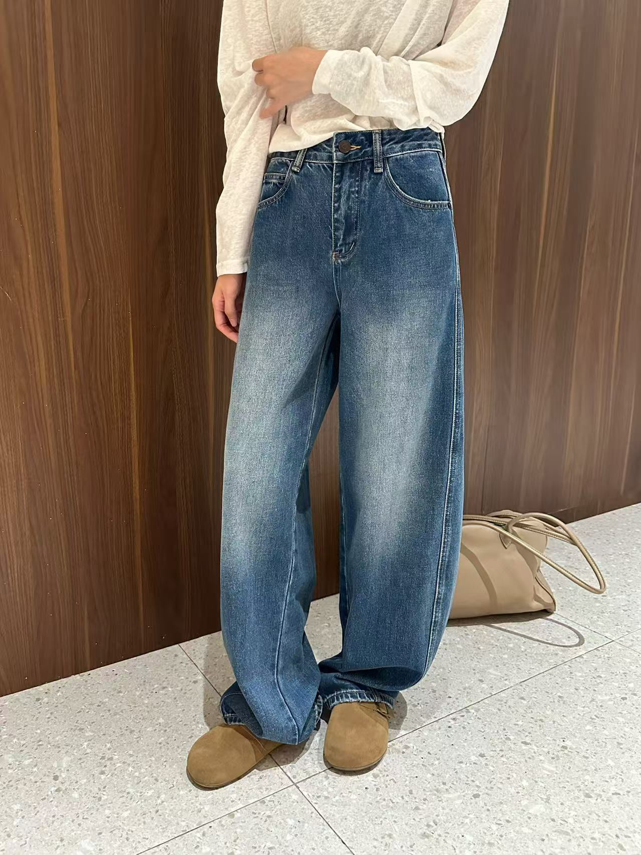 秋季新款高腰宽松显瘦弯刀牛仔裤怀旧水洗阔腿设计感直筒拖地裤子