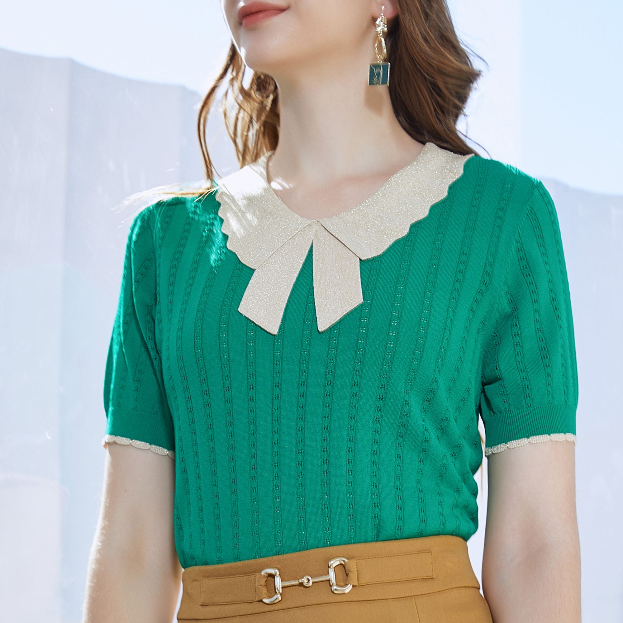 清新雅致短袖针织衫春夏通勤#YB61725A-14休闲夏季夏季透气