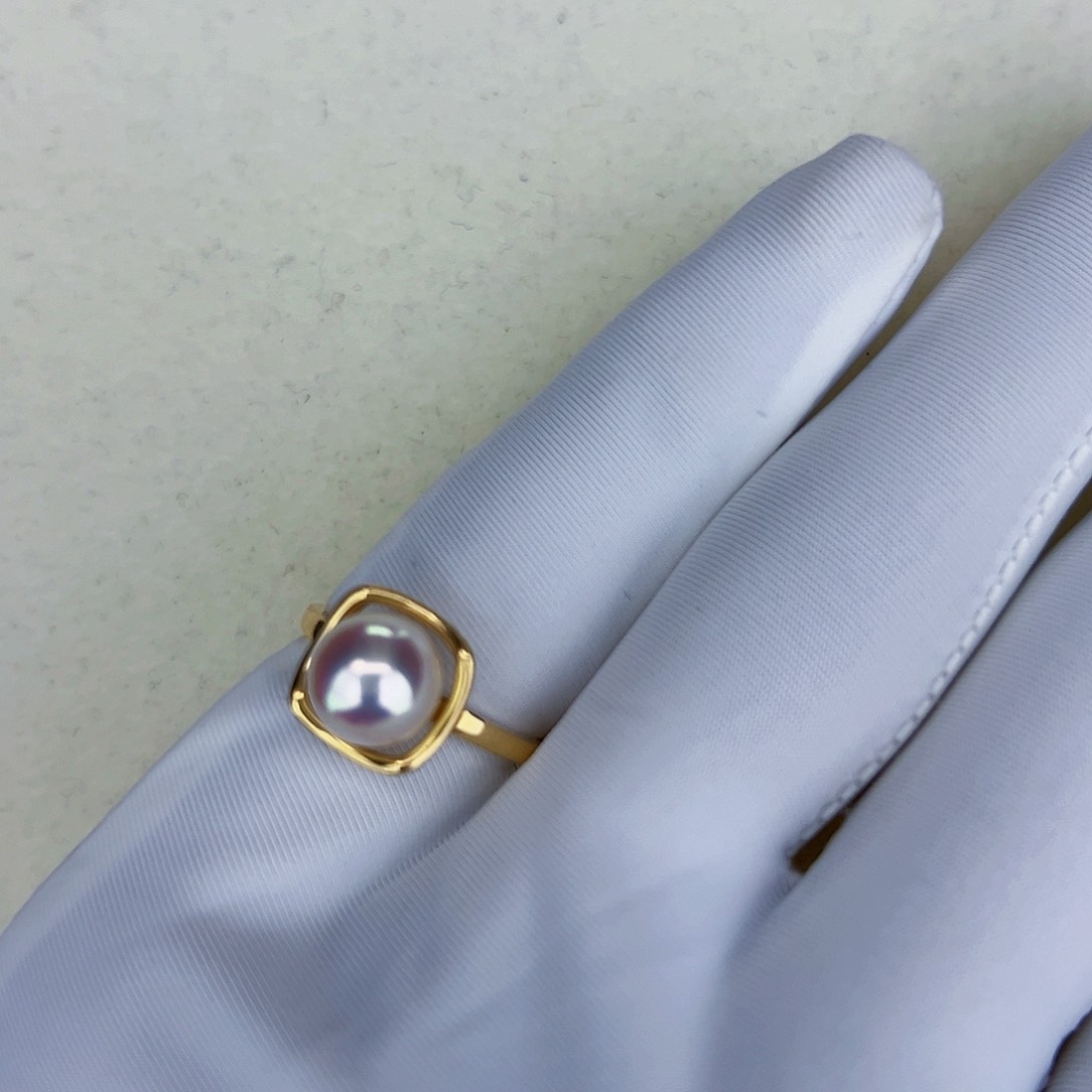 海水珍珠海水akoya方糖戒指8-8.5mm18K金镶嵌
