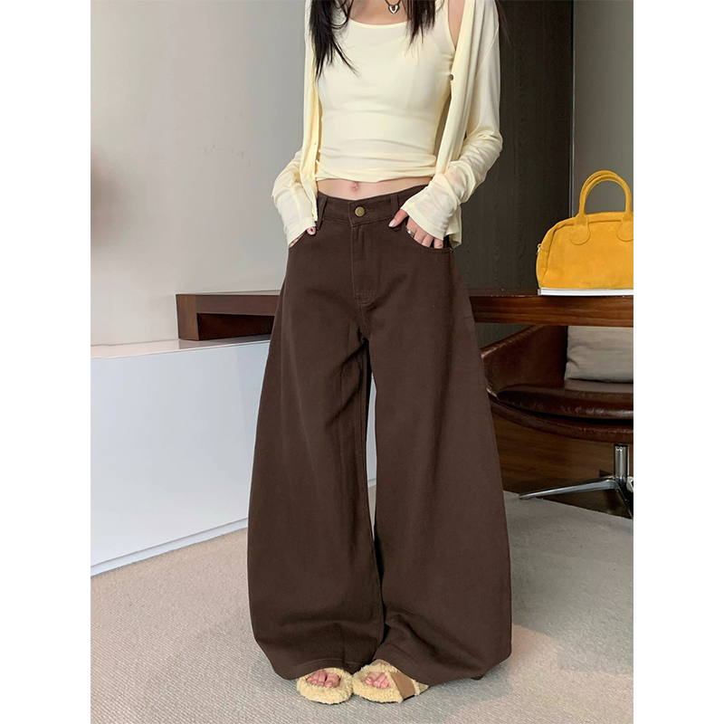 加绒加厚咖色阔腿牛仔裤女冬季新款美式复古宽松显瘦直筒拖地裤子