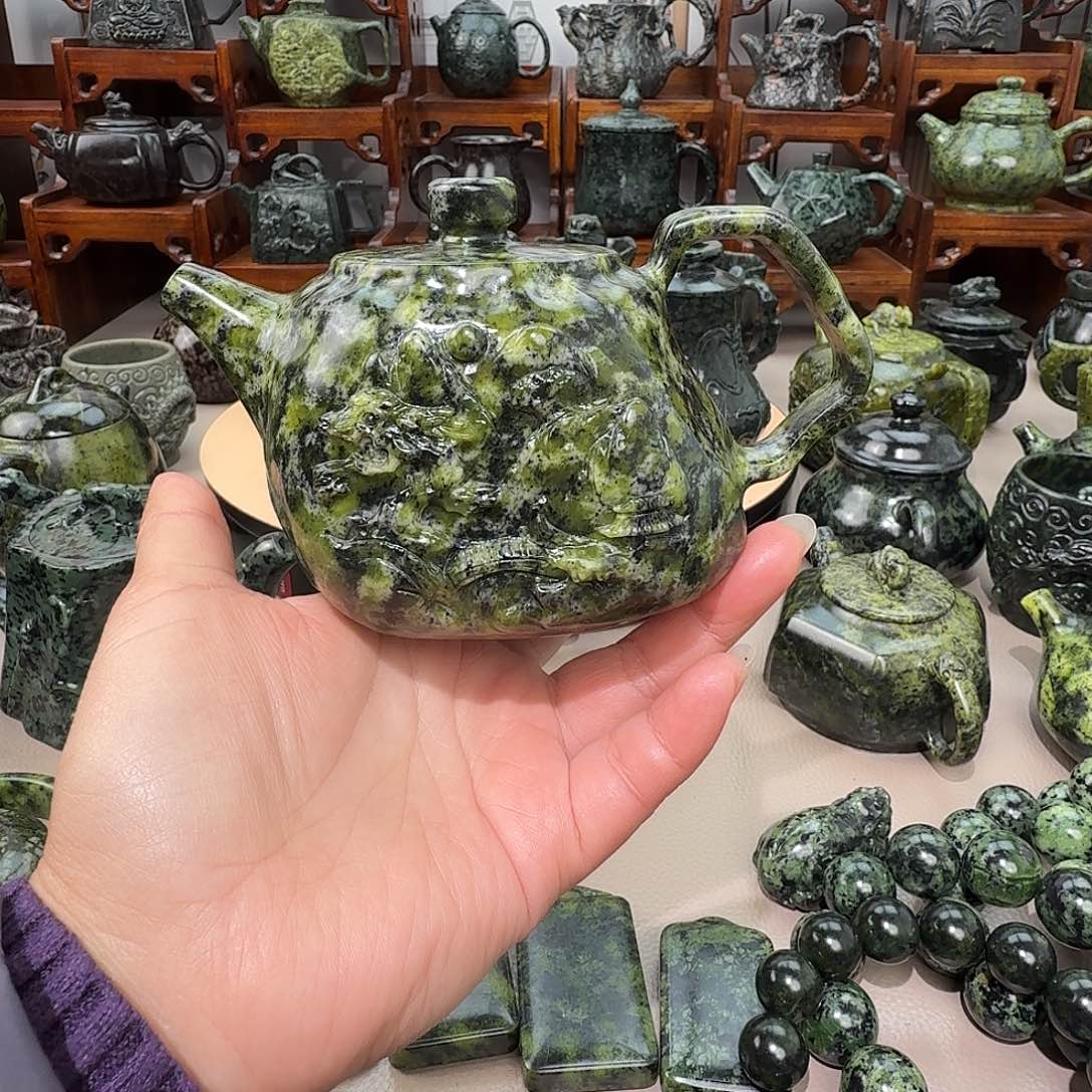 竹***阁蛇纹石玉未镶嵌藏玉药王石茶壶