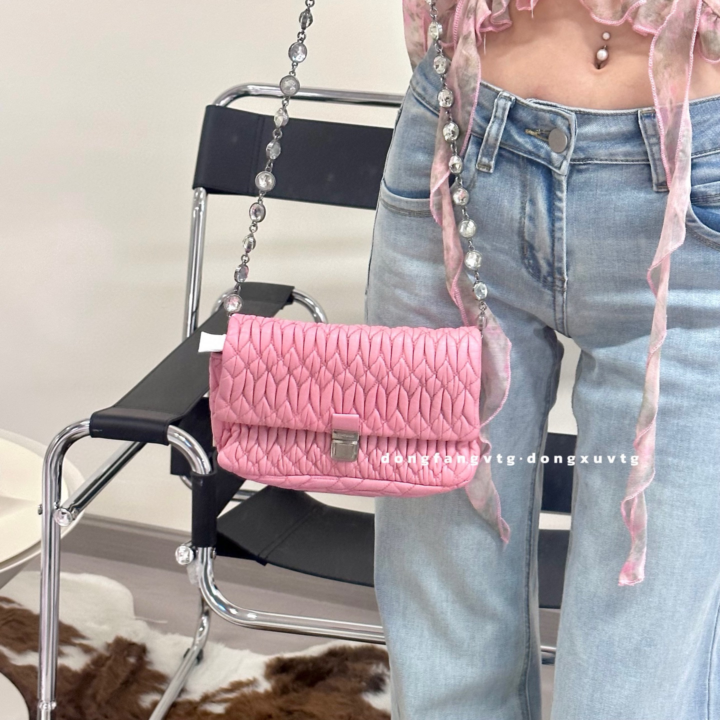 95新 MIU MIU/缪缪 miumiu 樱花粉泡芙宝石链斜挎包K