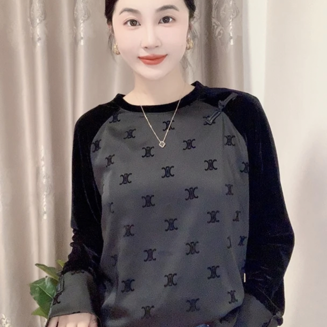 高品质植绒印花缎面拼接丝绒显瘦百搭T恤上衣