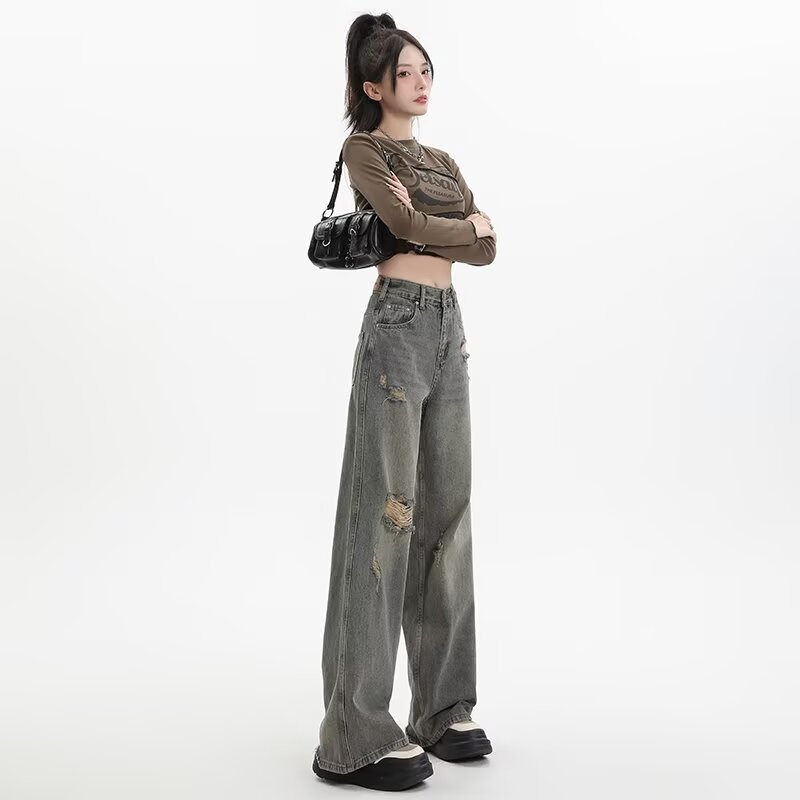 复古做旧破洞直筒牛仔裤女夏季薄款2024新款高腰显瘦垂感阔腿长裤