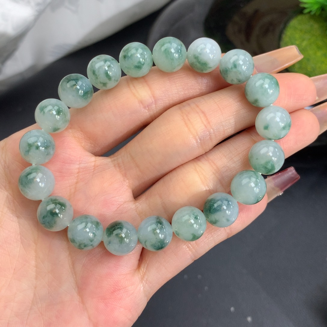 翡翠手链未镶嵌卡10胶润飘绿花手串
