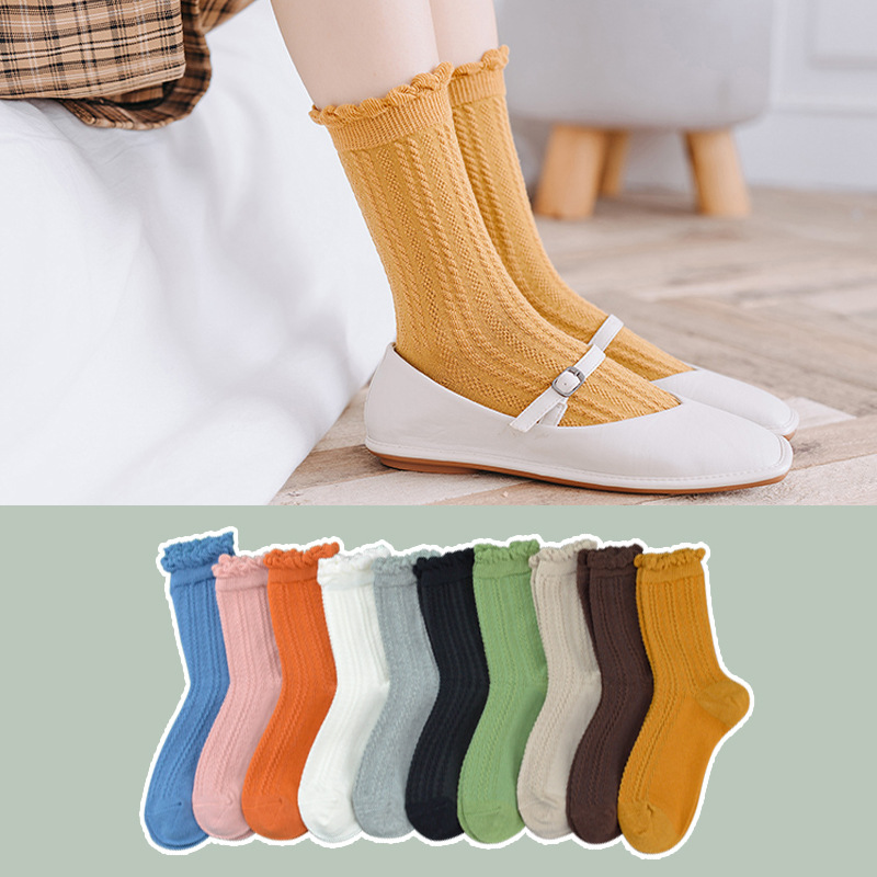 女中筒纯棉袜子女纯色洛丽塔花边条纹长袜日系可爱堆堆袜辽源