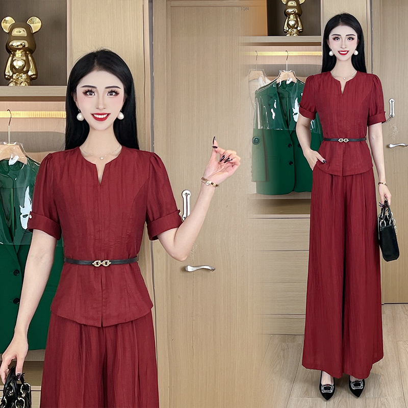 设计师款套装2025春夏薄款舒适上衣显瘦V领气质女士两件套#YF56