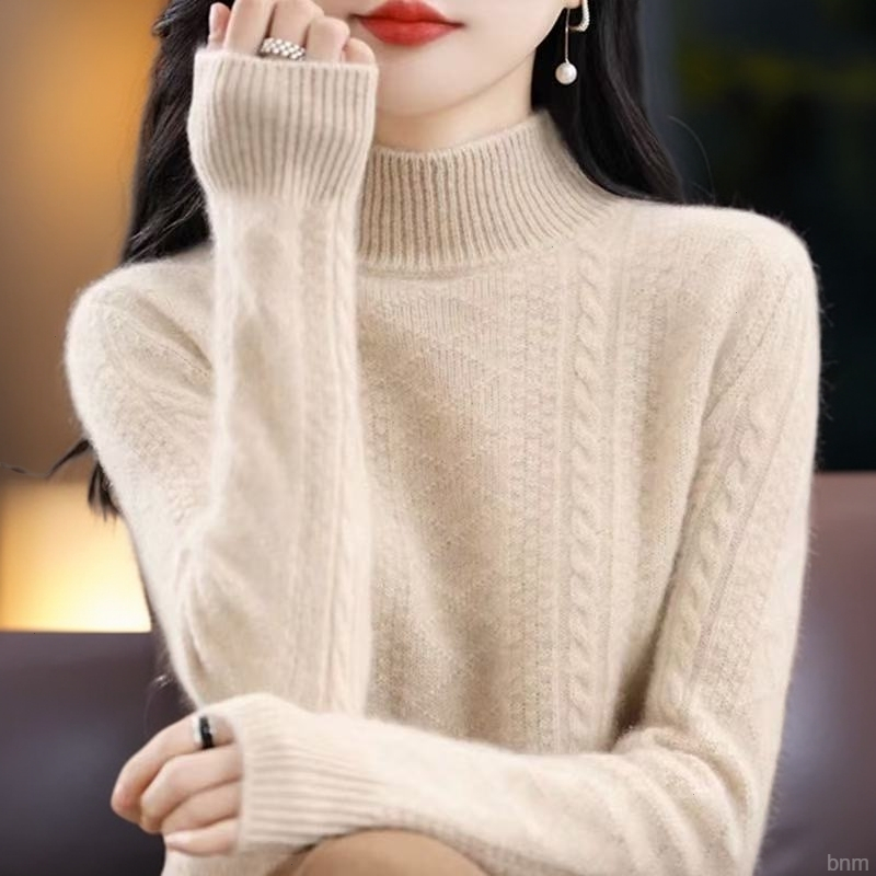 高档上衣半高领加厚100羊毛衫女纯色百搭厚款保暖宽松羊毛女毛衣