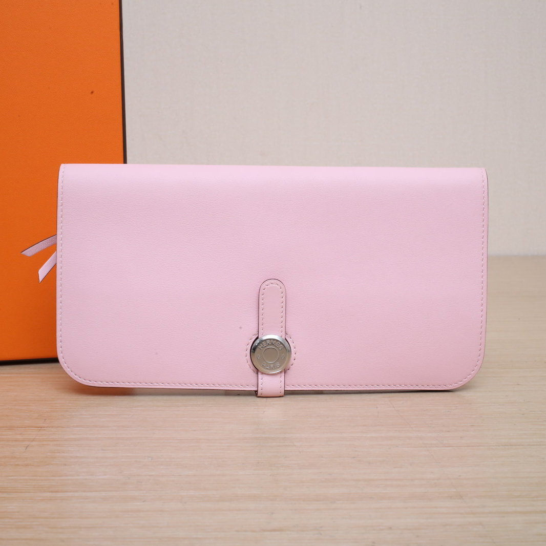 99新 Hermes/爱马仕 【双双】长钱包 新樱花粉 Swift皮 T刻 银扣