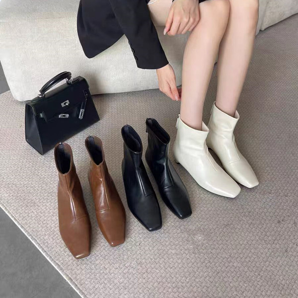 方头粗跟短靴女秋冬2025新款中低跟瘦瘦靴单靴子百搭女鞋7312571