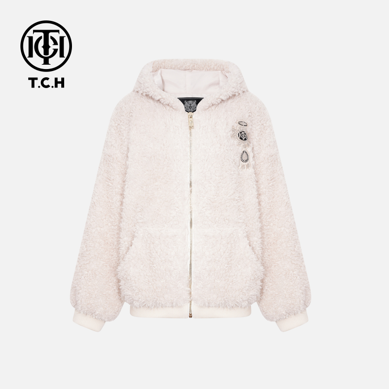 TCH轻奢烫钻冬季时尚连帽款毛毛外套T75C27E9008私服tch