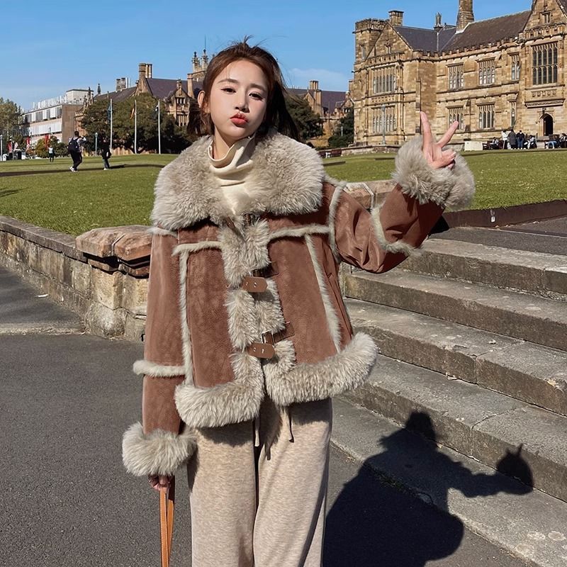 281区8707咖色加绒立领长袖毛领棉服纯色