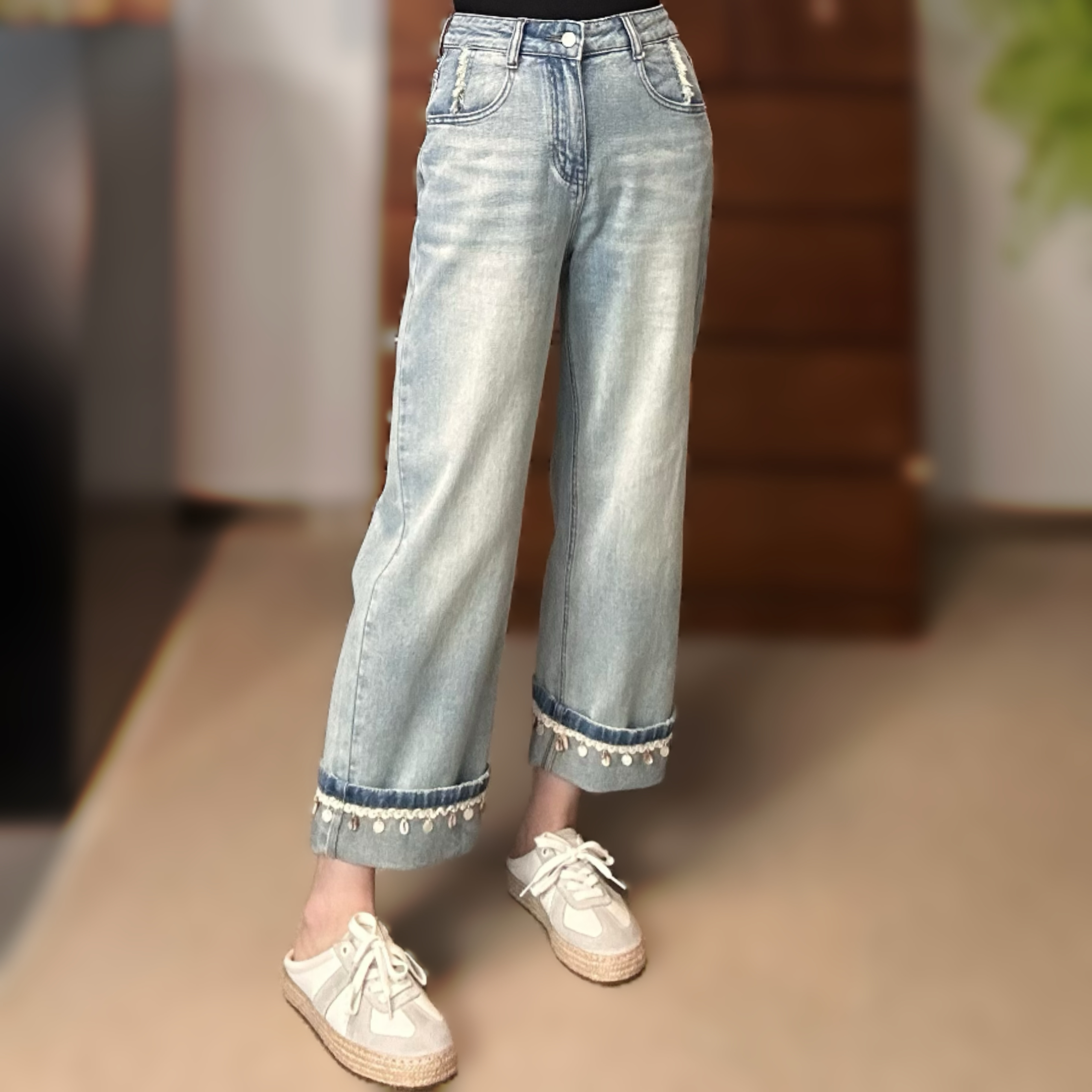 夏季新款时尚复古高腰流苏牛仔裤女士百搭宽松显瘦直筒裤九分裤薄