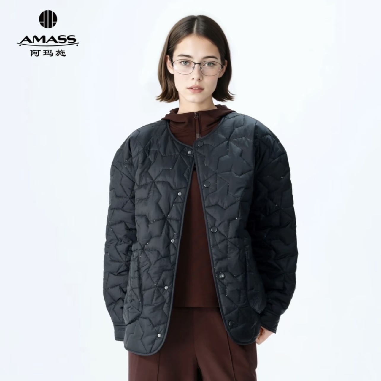 AMASS阿玛施秋冬新款宽松百搭菱格纹休闲质感新雪丽棉服女540073