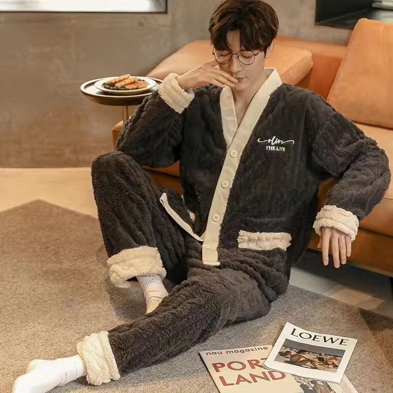 男士秋冬加绒珊瑚绒保暖家居服套装