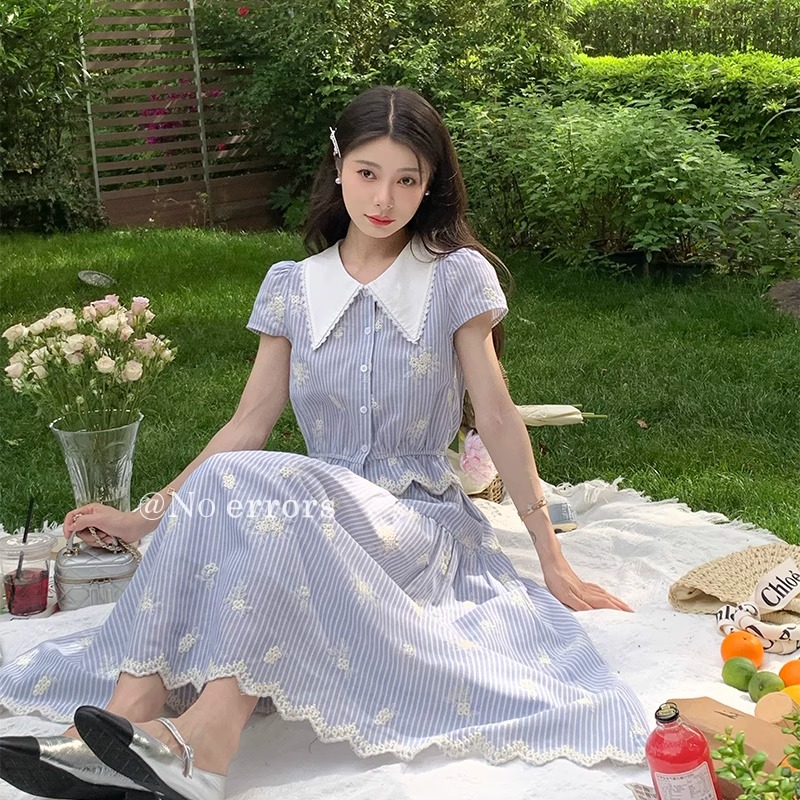 【小雪专属】减龄衬衫+半裙刺绣花边条纹套装 2025夏季新款