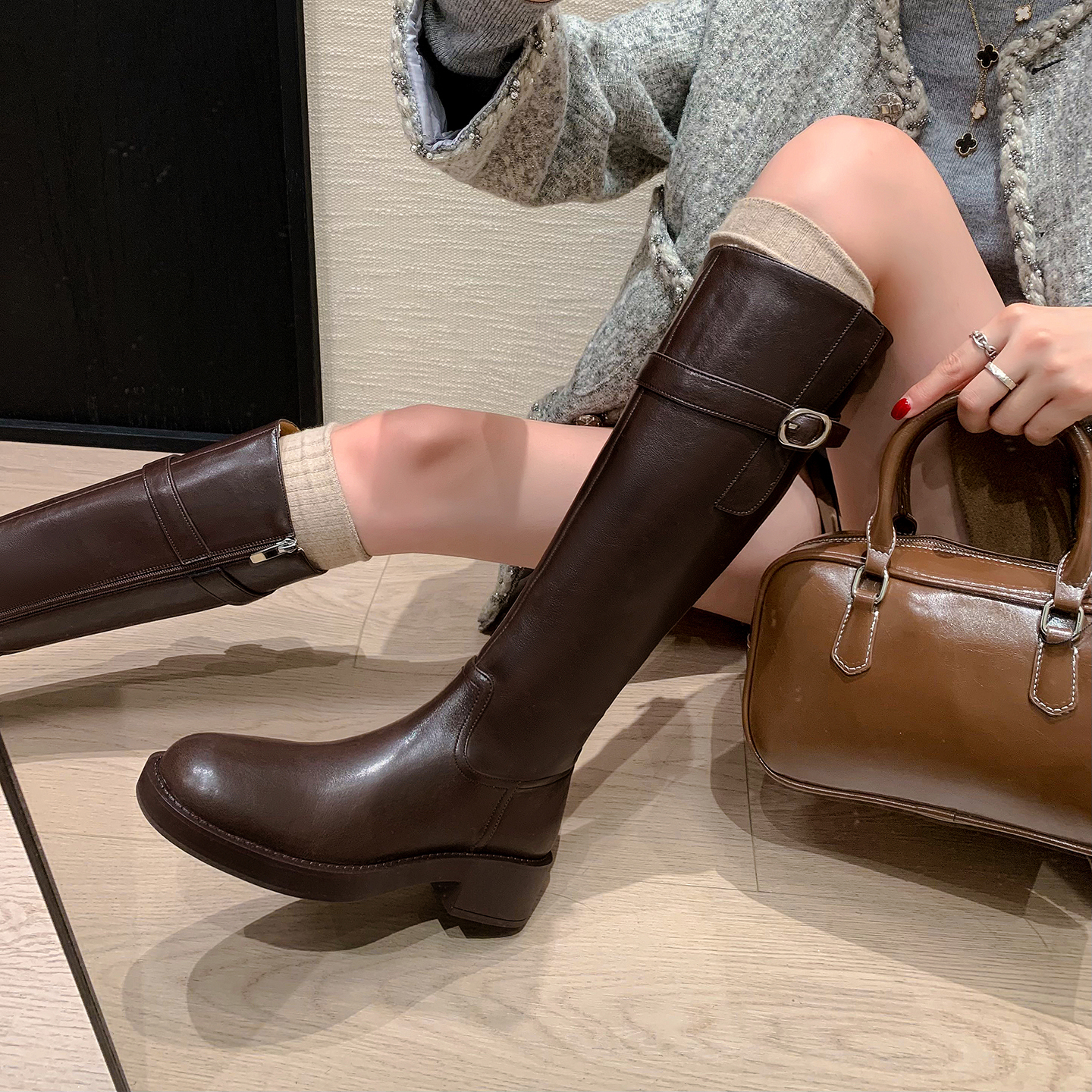 4cm粗跟美拉德棕色长筒骑士靴女不过膝真皮皮带扣长靴显瘦高筒靴
