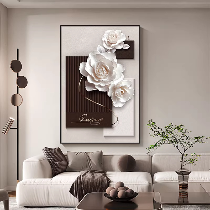高级感花卉客厅装饰画黑白抽象沙发背景墙挂画现代简约玄关墙壁画