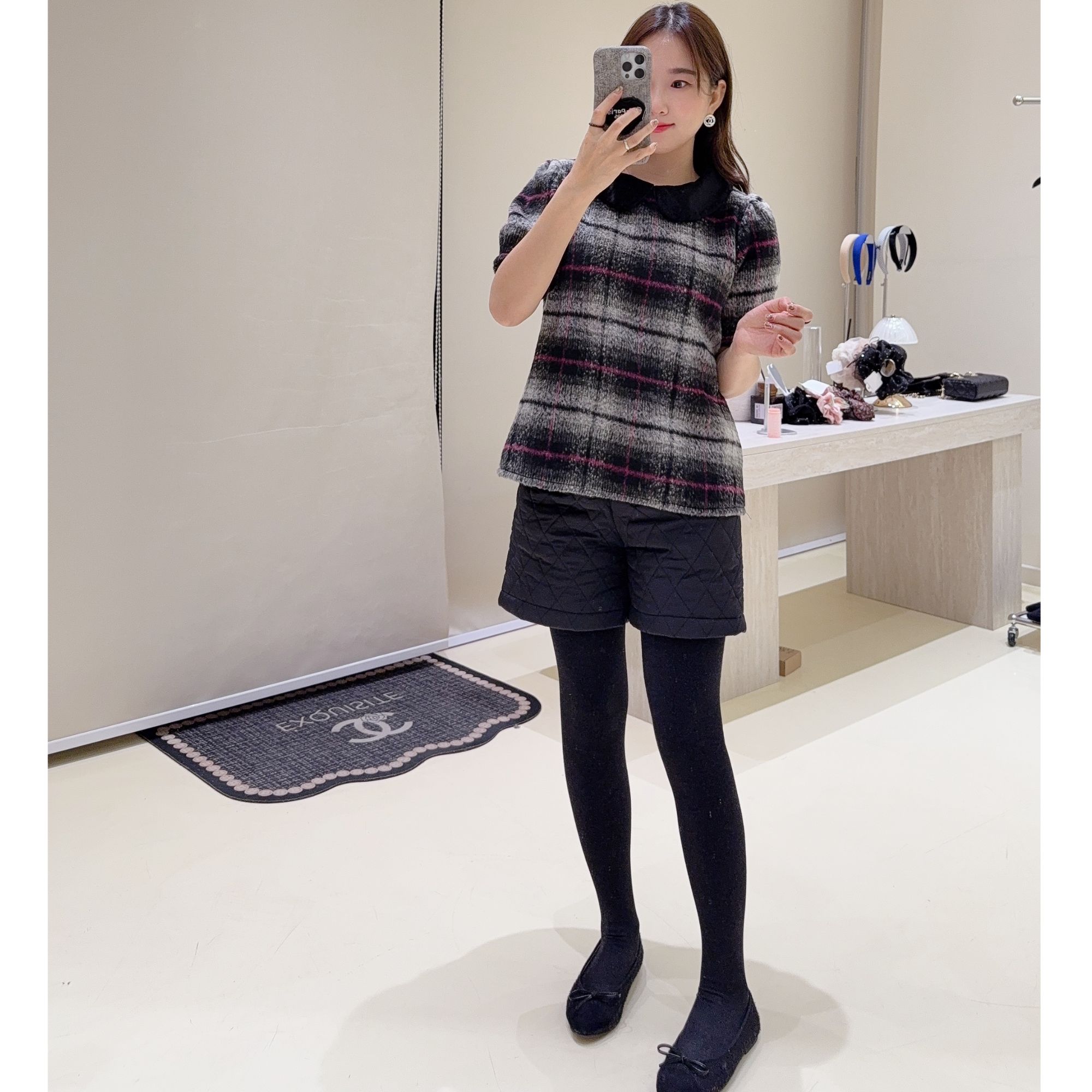 圣诞丝绒领 格子设计冬季短袖