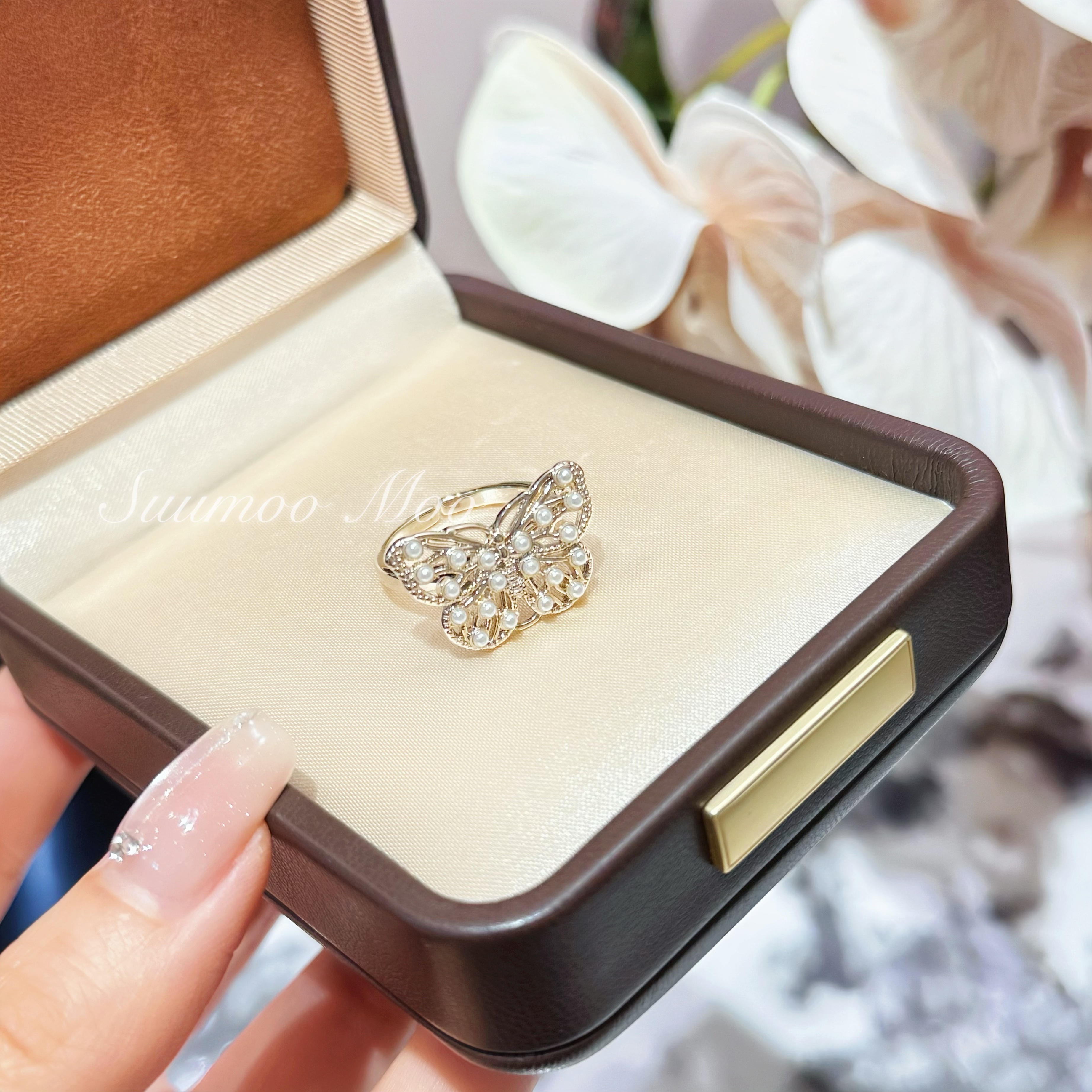 铜合金合成锆石戒指 法式时尚小米珠蝴蝶戒指