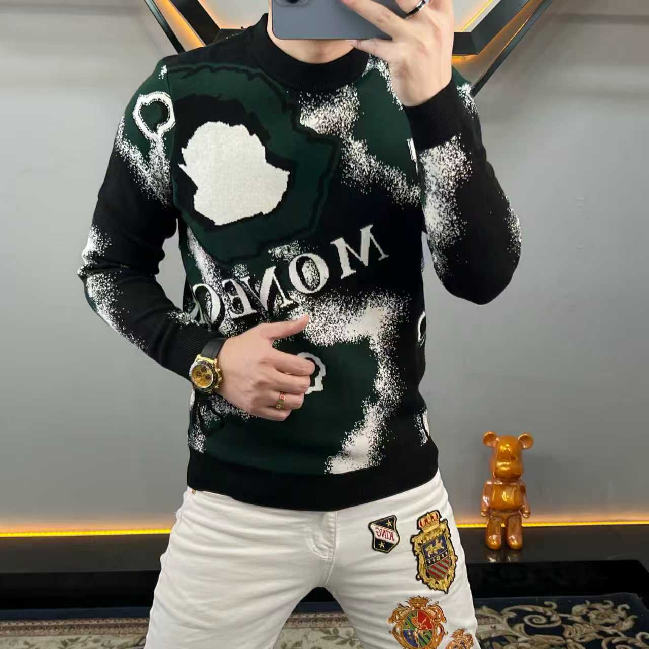 秋冬男士新款时尚轻奢圆领提花针织打底衫潮流修身弹力毛衣