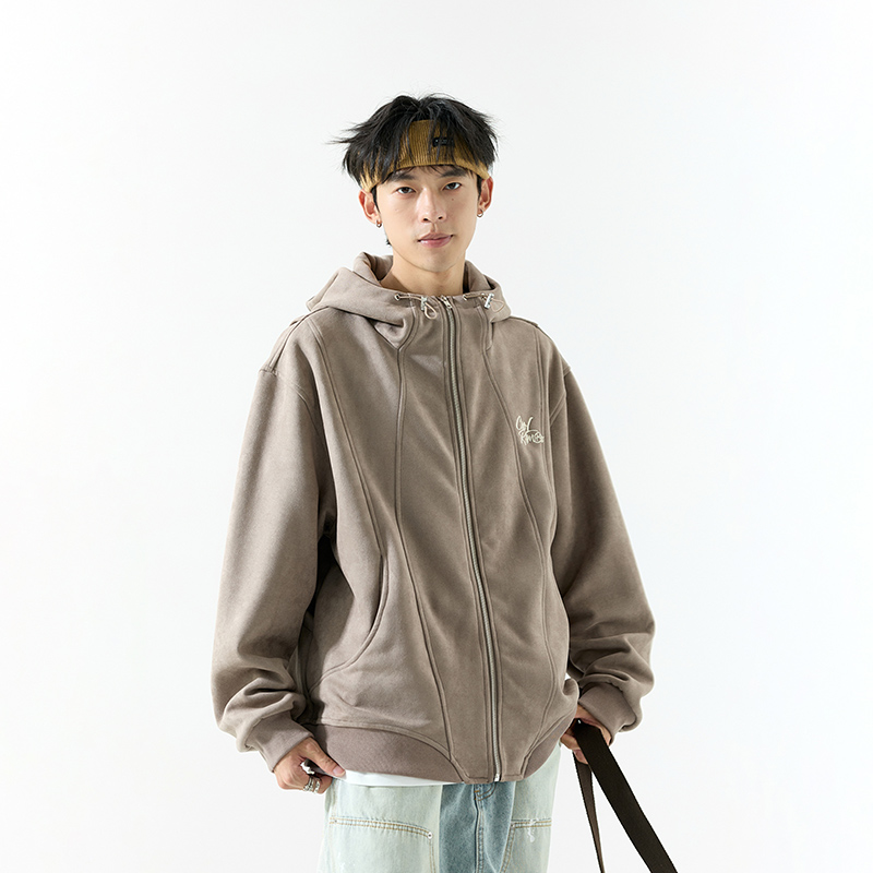 博眷休闲卫衣男开衫外套秋冬季美式立体绣春秋款结构分割连帽上衣