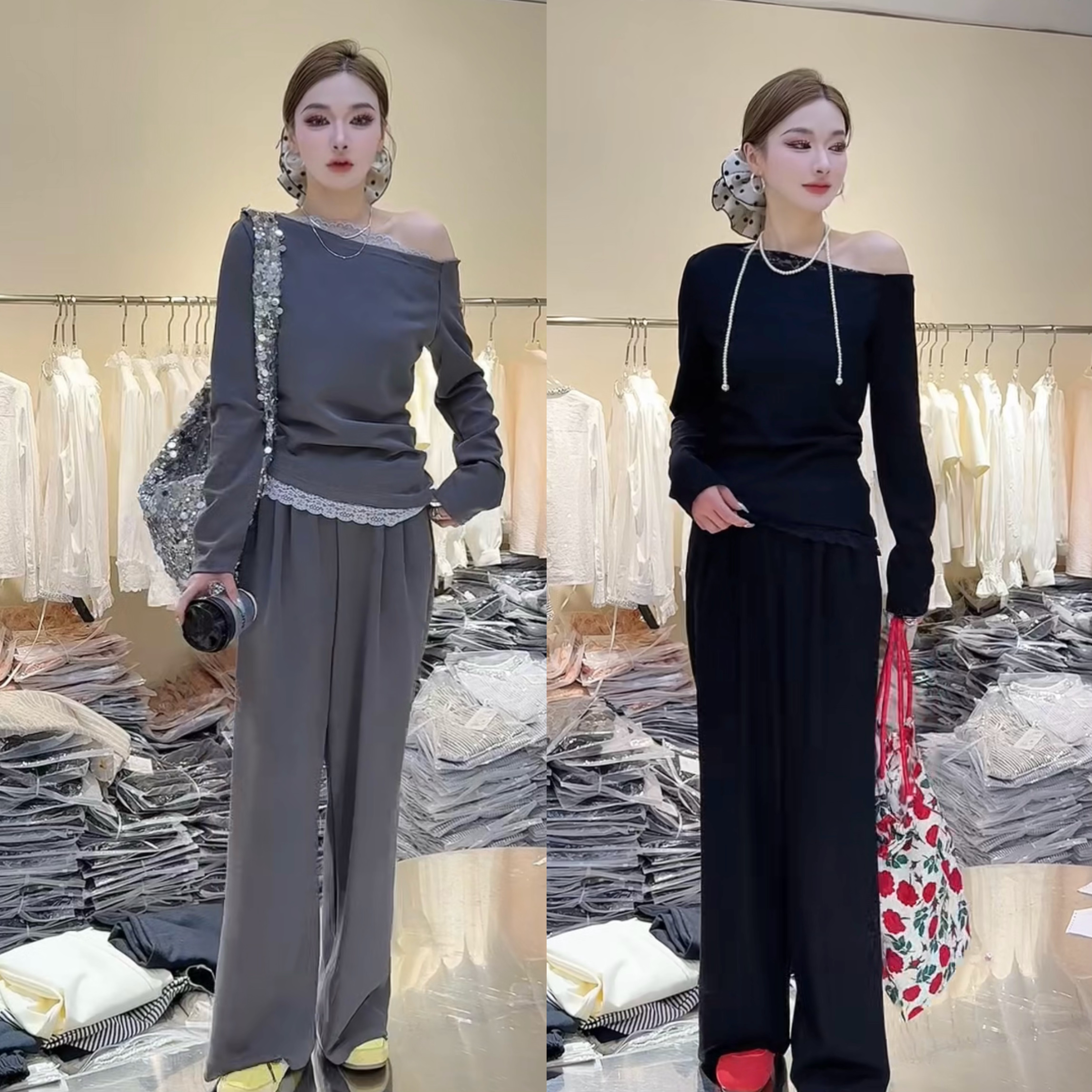 欧货运动套装女春秋新款时尚洋气设计感斜肩花边卫衣两件套潮5215