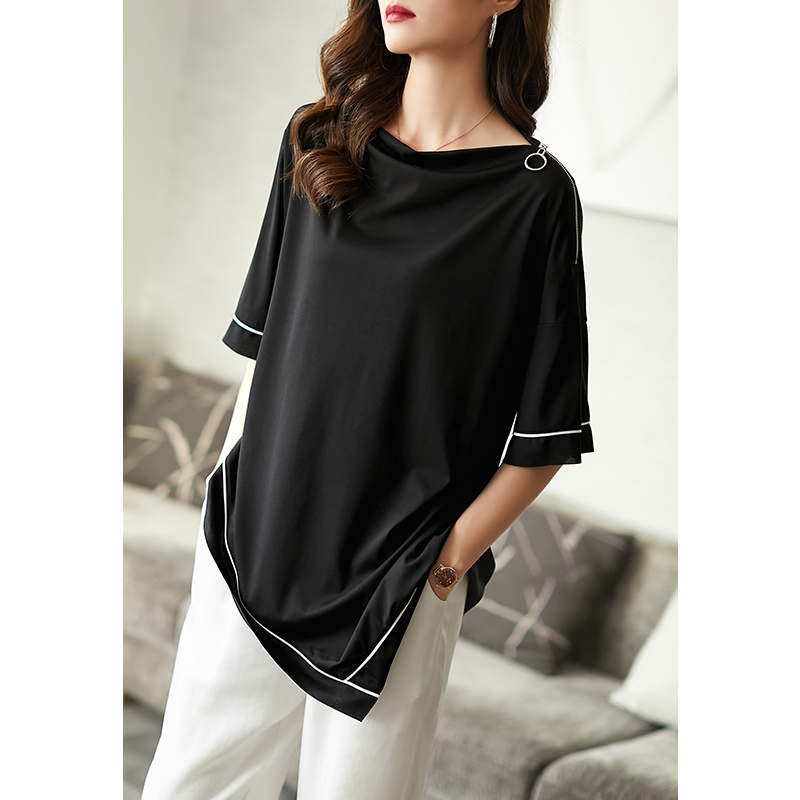 阿吉多短袖t恤女2025年新款时尚不规则拼接时尚气质夏一字领上衣