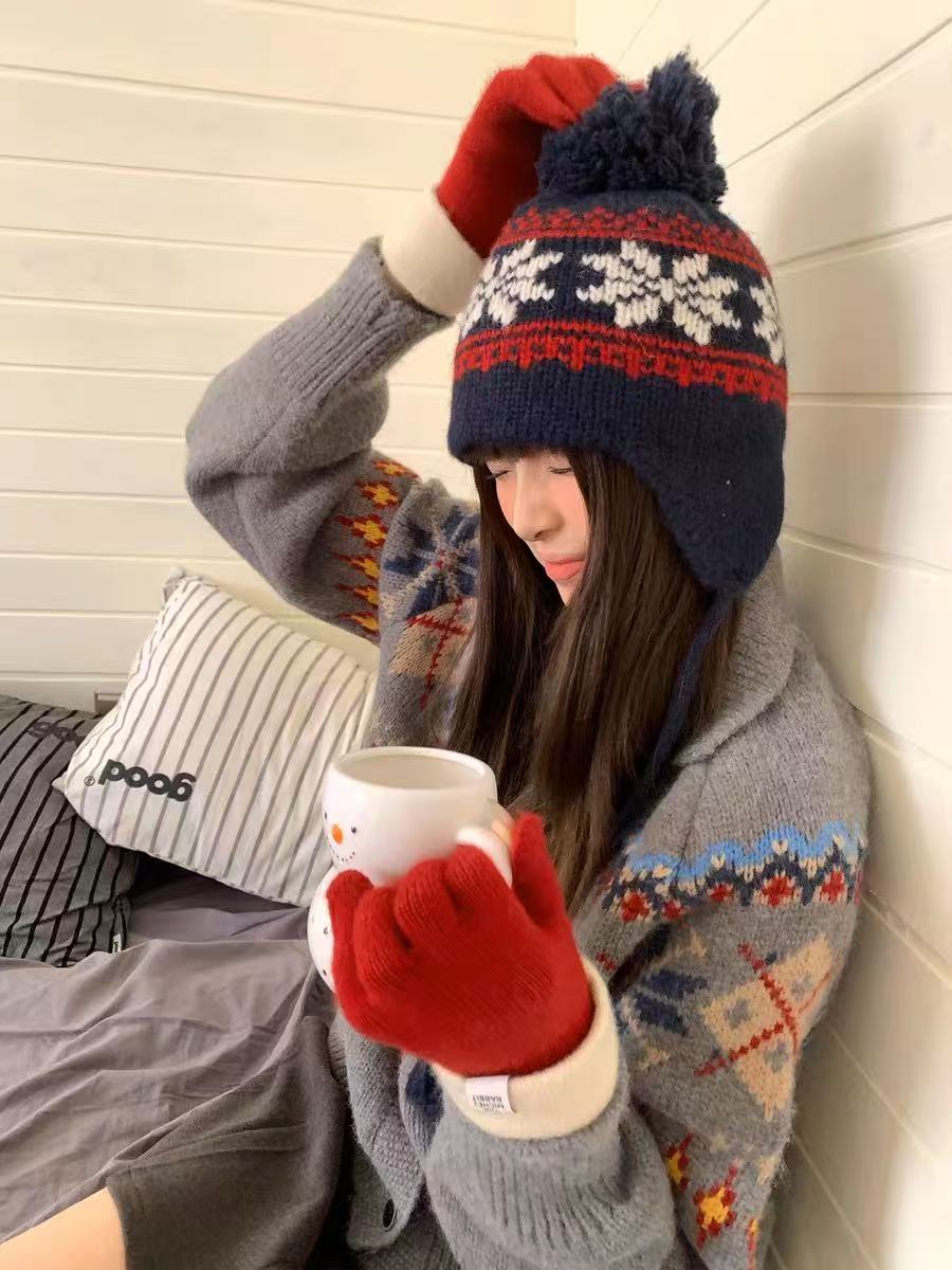雪花费尔岛 | 韩系提花雷锋帽毛线帽女秋冬防风保暖护耳显脸小