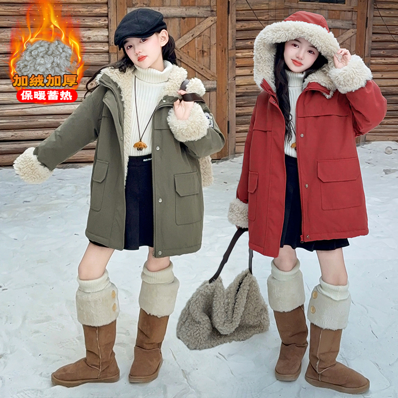 女童加绒加厚派克服2025新款儿童冬季棉衣大童冬装中长款风衣外套