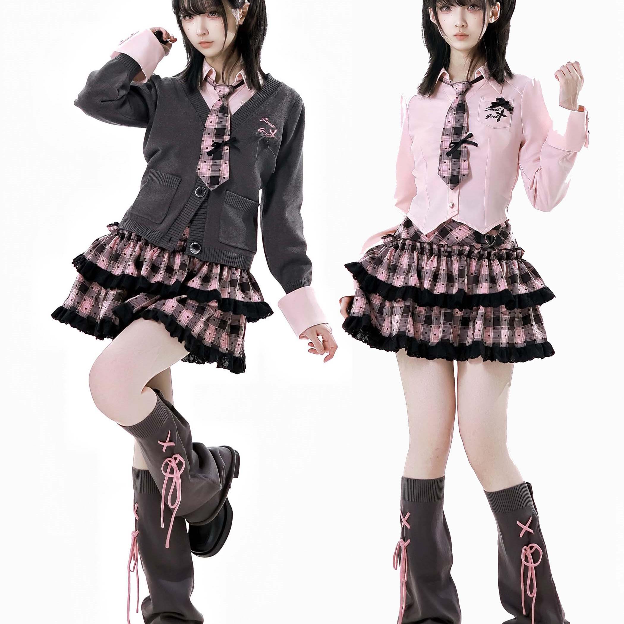 PINKSAVIOR【霓虹学院】蓬蓬裙开衫收腰衬衫设计感套装春夏女