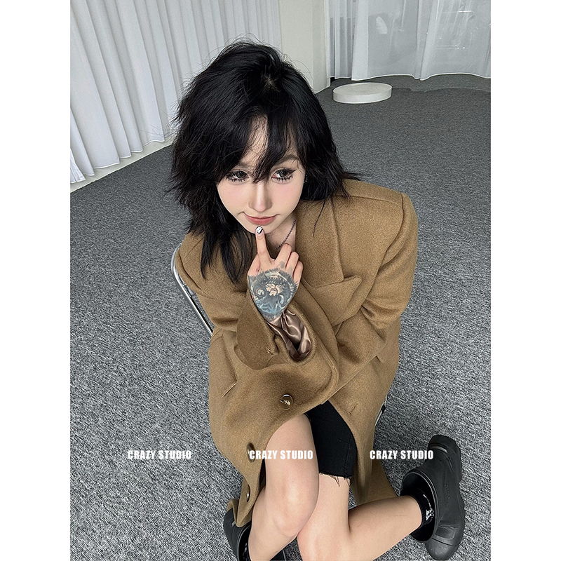 秋冬韩版廓形长款小众美拉德韩素希高级氛围感毛呢大衣外套女