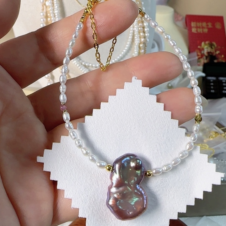 银S925镶嵌淡水珍珠妖紫色葫芦有正常生长纹