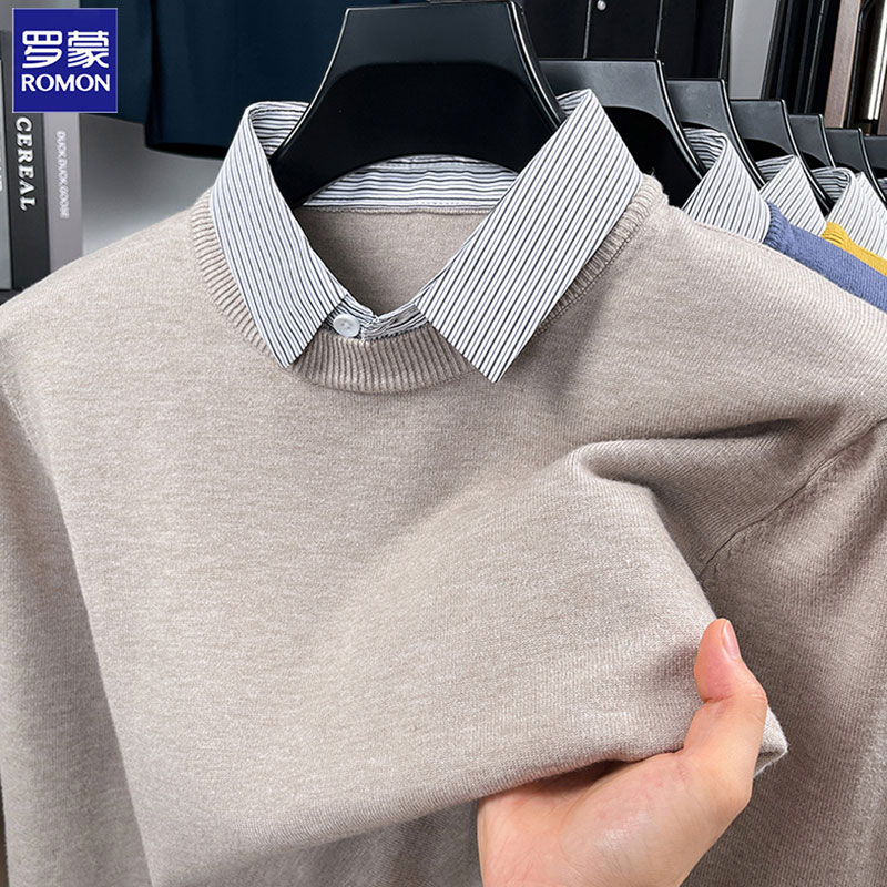 Romon/罗蒙长袖毛衣假两件针织衫秋冬男士新款时尚休闲衬衫领上衣