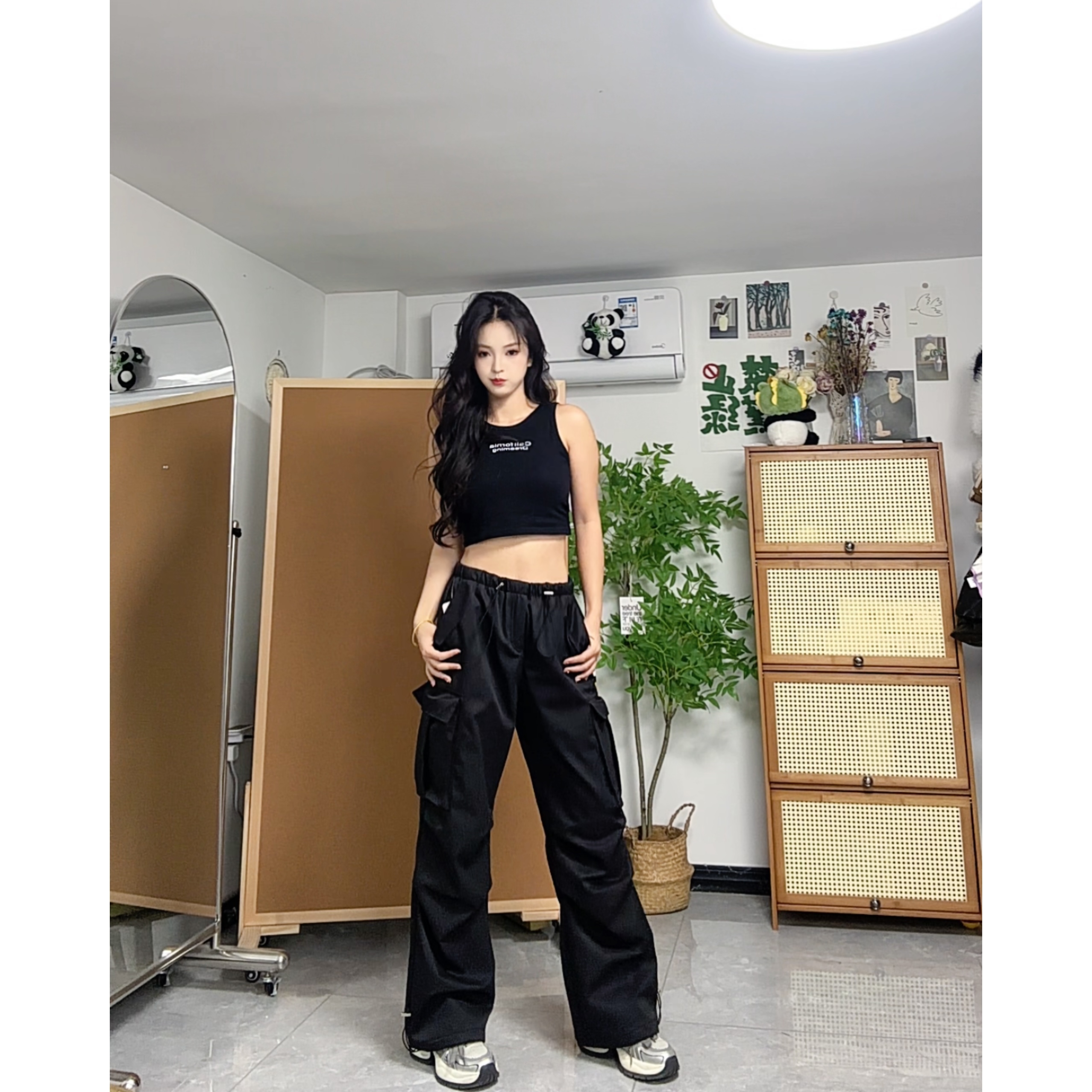 高腰个性秋冬宽松时尚百搭工装裤直筒遮肉显瘦新款加绒工装裤阔腿