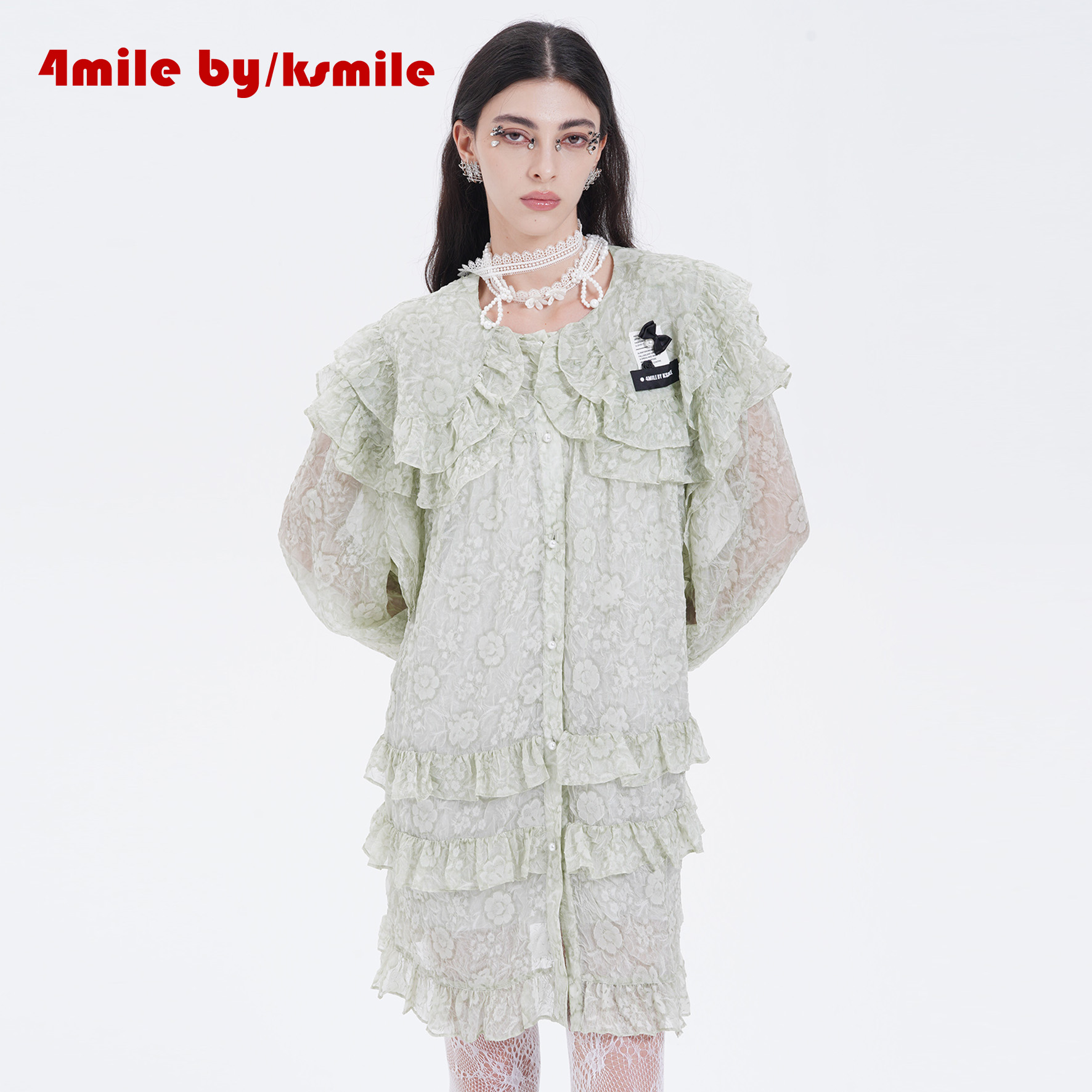 4MILE BY KSMILE | 薄荷曼波草绿色立体印花雪纺两件套夏日连衣裙
